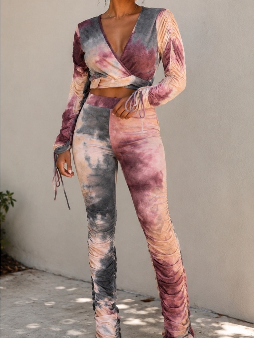 WinWin Tie-Dye Ruched High-Waist Joggers – Pink Gray Cream NWOT